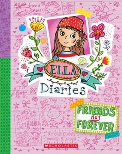 Cover of "Friends Not Forever," showing vibrant illustrations of Ella, Zoe, and Amethyst amidst a school play backdrop.