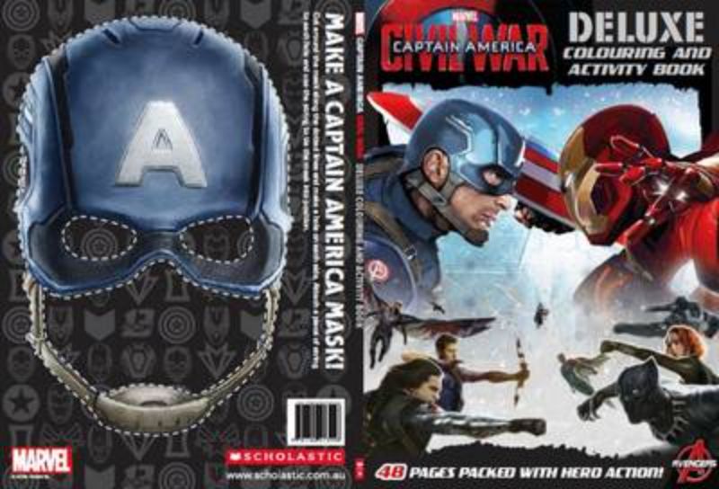 Marvel's Captain America: Civil War coloring book featuring 48 pages of puzzles, mazes, and vibrant superhero illustrations.