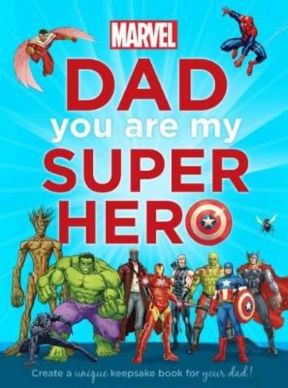 Hardback book celebrating fatherhood, allowing kids to create a personalized tribute to their dad as a superhero.