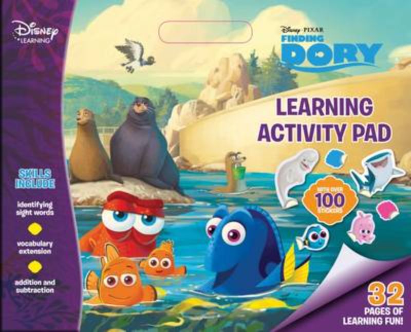 Colorful Disney Learning Finding Dory activity pad featuring 32 pages of engaging educational exercises for young children.