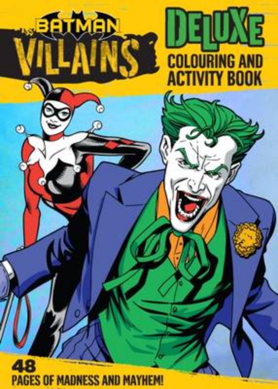 DC Comics Villains Deluxe Colouring and Activity Book featuring iconic villains, puzzles, and intricate coloring designs for all ages.