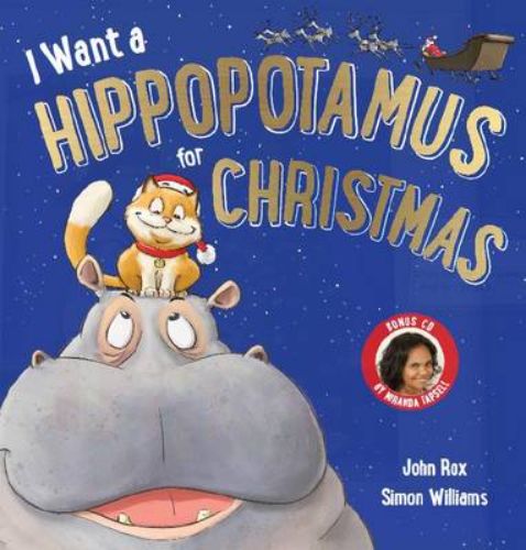 Colorful hardback book 'I Want a Hippopotamus for Christmas' featuring a whimsical kitten and a CD of the classic song.