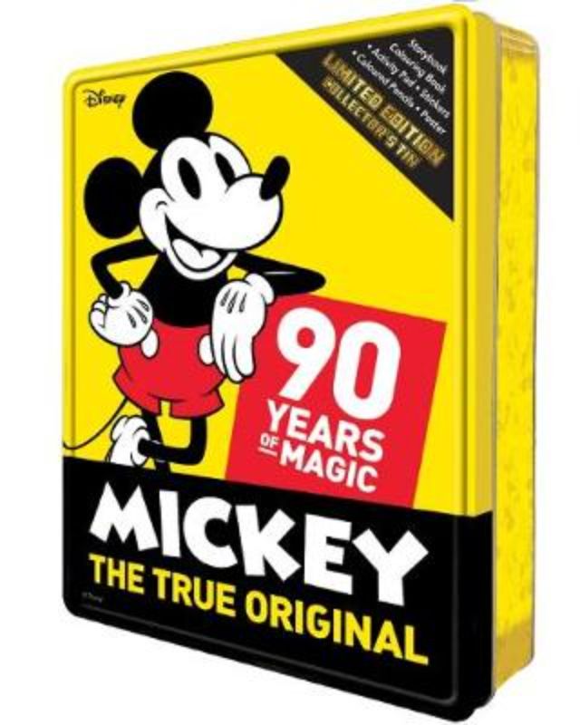 Limited edition Mickey's 90th Anniversary Collector's Tin featuring a mini-storybook, activity pad, coloring book, and more.