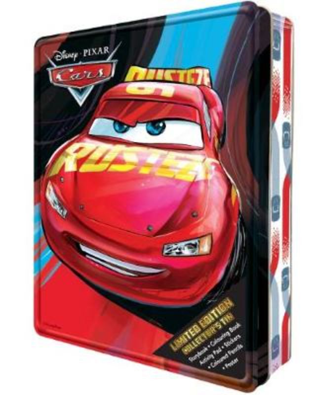 Colorful Disney Cars Collector's Tin featuring a storybook, activity pad, coloring book, poster, stickers, and colored pencils.