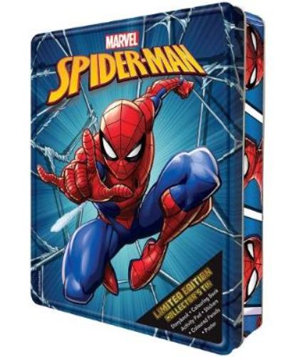 Vibrant Marvel Spider-Man Collector's Tin featuring a mini storybook, coloring tools, stickers, and a poster. Perfect for fans!