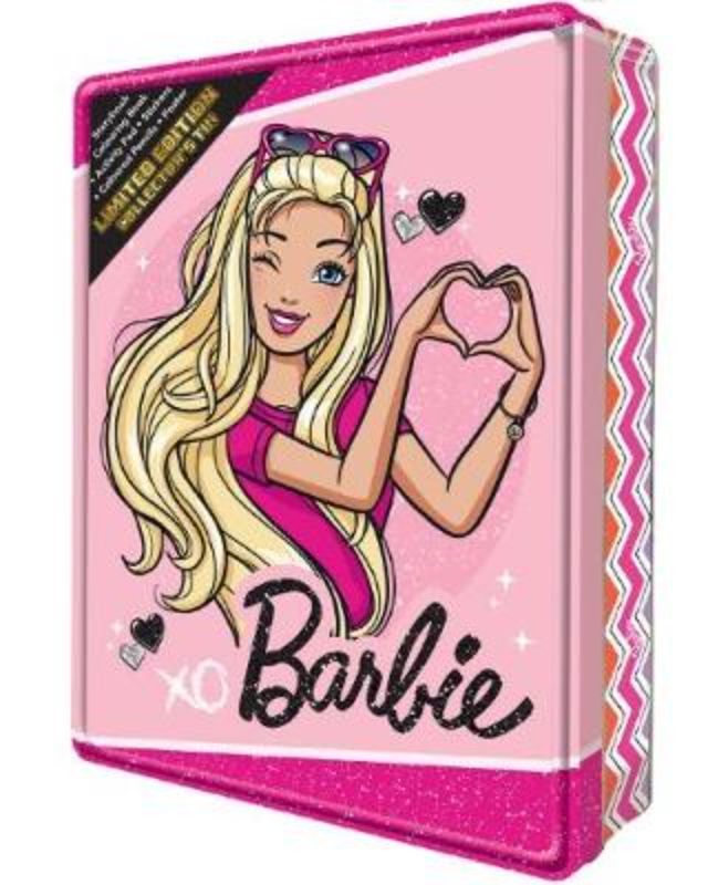Barbie Collector's Tin with mini-storybook, activity pad, coloring book, poster, stickers, and colored pencils for creative fun.