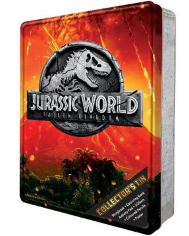 Collector's tin featuring Jurassic World 2: Fallen Kingdom items including a storybook, activity pad, coloring book, and more.
