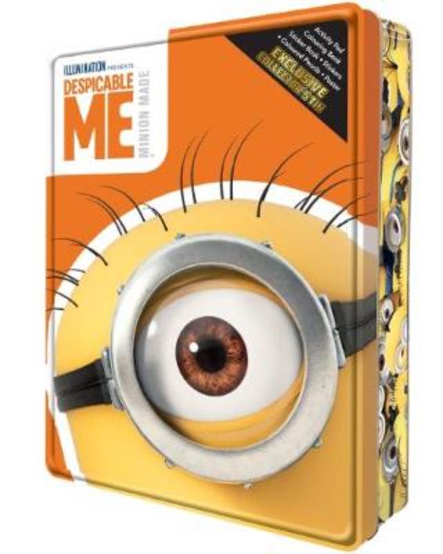 Despicable Me Collector's Tin featuring a mini-storybook, activity pad, coloring book, poster, stickers, and colored pencils.