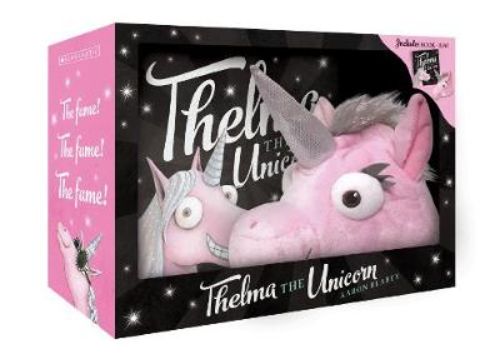 Thelma the Unicorn boxed set features a whimsical book and vibrant hat box, perfect for inspiring creativity in children aged 3-7.