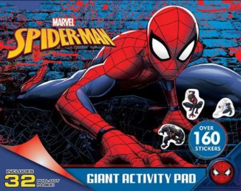 Colorful Spider-Man activity pad featuring 32 pages of engaging tasks and a convenient cut-out carry handle for kids' adventures.