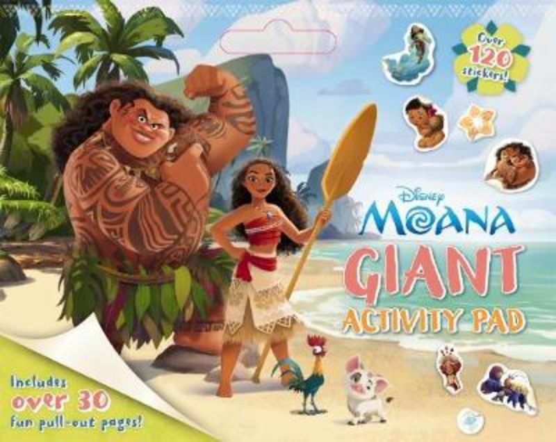 Colorful Disney Moana giant activity pad with 32 pages of fun activities and a cut-out carry handle for young explorers.
