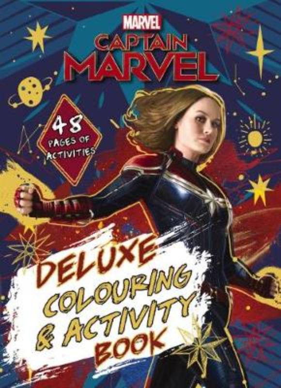 Colorful activity book featuring Captain Marvel, filled with 48 pages of coloring and puzzles for creative fun.