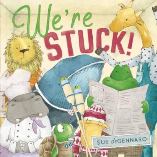 Hardback children's book "We're Stuck!" with colorful illustrations about animals trapped in a lift.