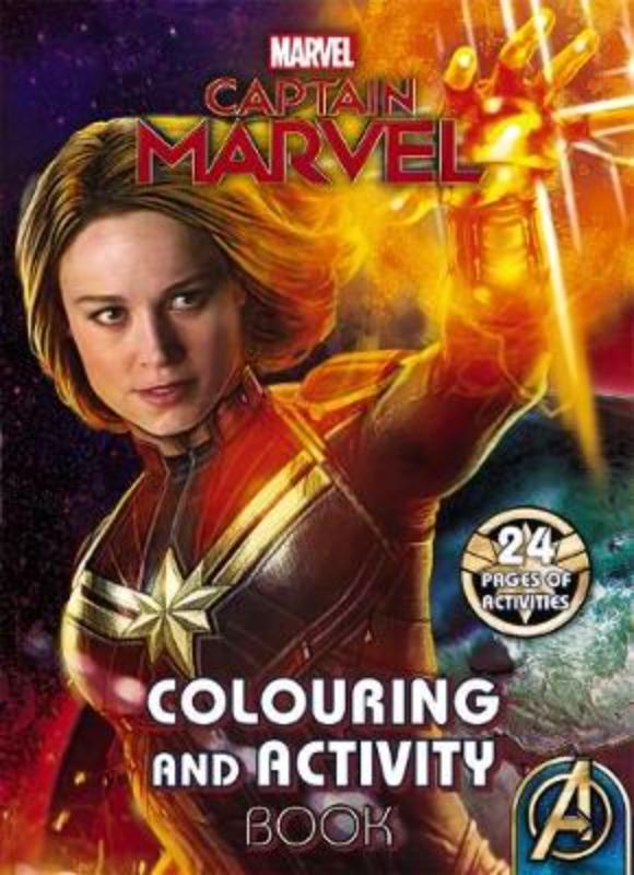 Captain Marvel Colouring and Activity Book featuring 24 pages of illustrations and fun activities for kids aged 4 and up.