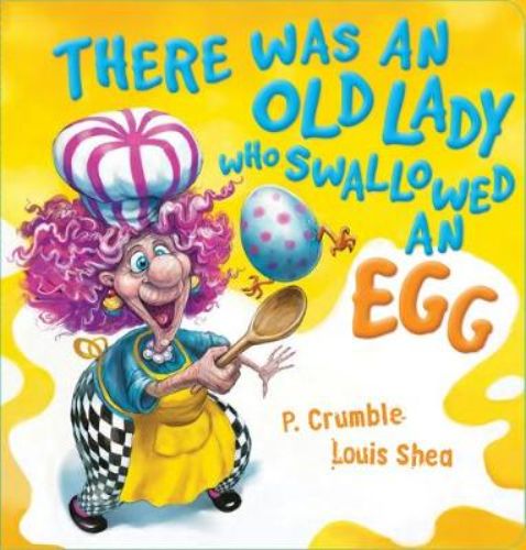Colorful board book featuring an old lady's humorous adventures swallowing an egg and various creatures, perfect for young readers.