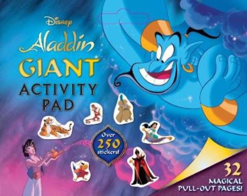 Giant Aladdin activity pad for kids, featuring 32 pages of coloring and engaging activities with beloved Disney characters.