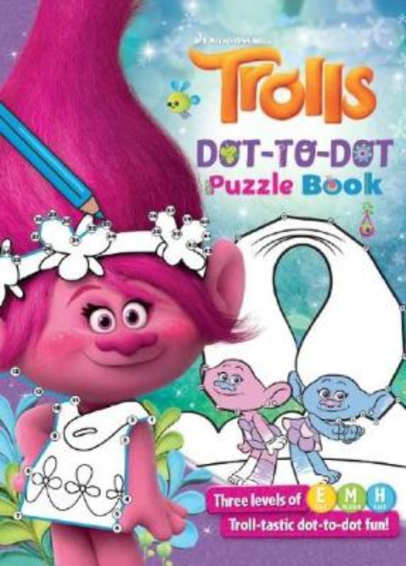 Activity book featuring Dreamworks Trolls dot-to-dot puzzles with Poppy and friends, ideal for kids' creativity and fine motor skills.