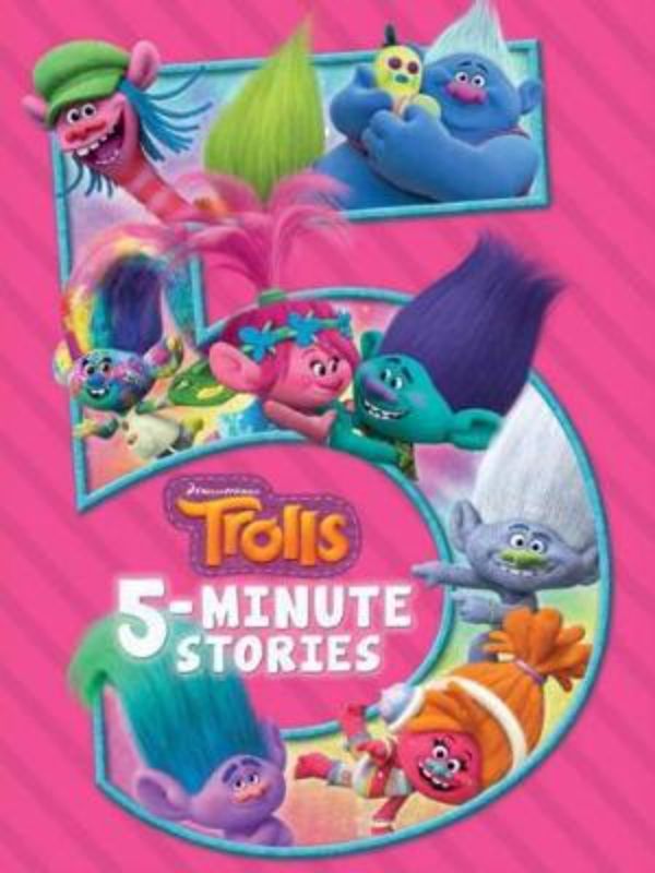 Hardcover picture book "Trolls: 5 Minute Stories" featuring colorful illustrations and heartwarming tales for bedtime reading.