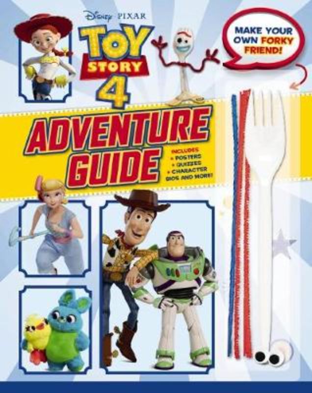 Interactive Toy Story 4 adventure guide with craft items to make Forky, featuring posters and quizzes for young fans.