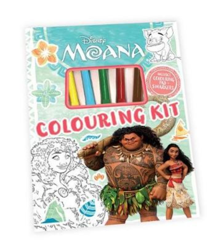 Disney Moana Colouring Kit featuring 48 pages of illustrations and 5 vibrant markers for creative fun and skill development.