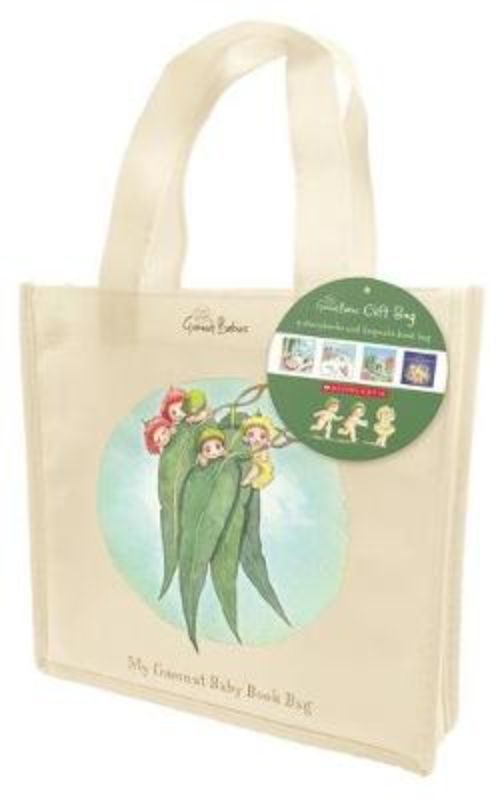 My Gumnut Baby Book Bag featuring four illustrated storybooks in a charming cloth tote inspired by May Gibbs' whimsical tales.