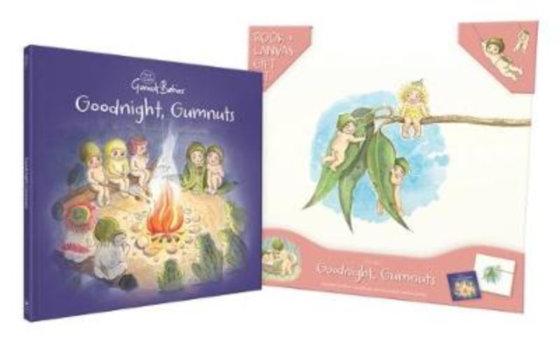 Goodnight, Gumnuts gift set featuring a charming children's book and canvas art for bedtime storytelling and nursery decor.