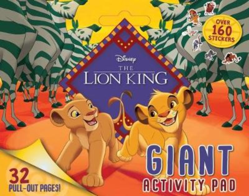 Giant Lion King activity pad with 32 pages of coloring and games, featuring Simba and friends, includes a carry handle.