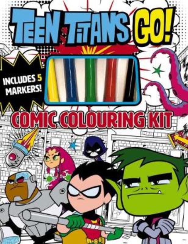 Teen Titans Go! Comic Colouring Kit featuring 48 intricate designs and 5 vibrant markers for creative fun.