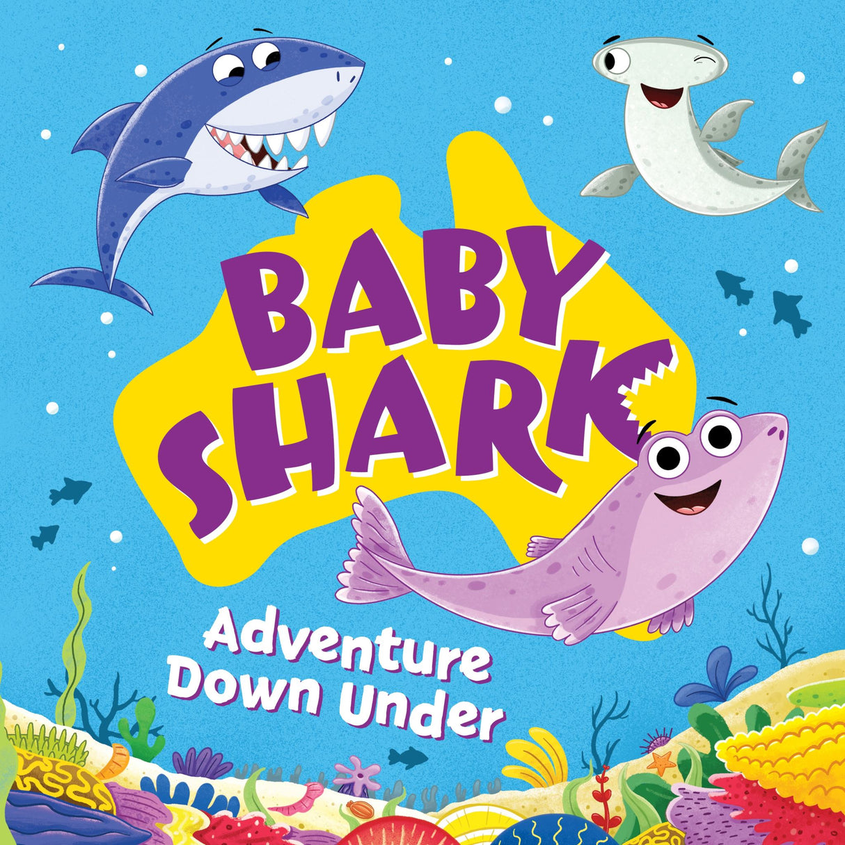 Colorful picture book featuring Baby Shark exploring Australia's vibrant oceans and marine life for young readers.