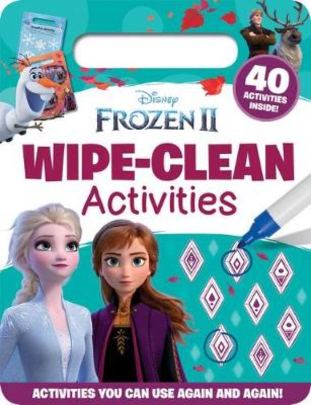 Frozen 2: Wipe-Clean Activities book with colorful pages of games and puzzles featuring Elsa, Anna, and friends for endless fun.