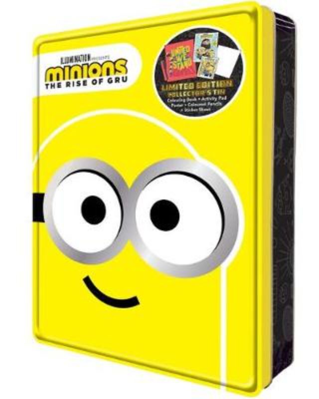 Minions the Rise of Gru Happy Tin with storybook, activity book, coloring book, poster, and felt-tip pens for kids' creative fun.