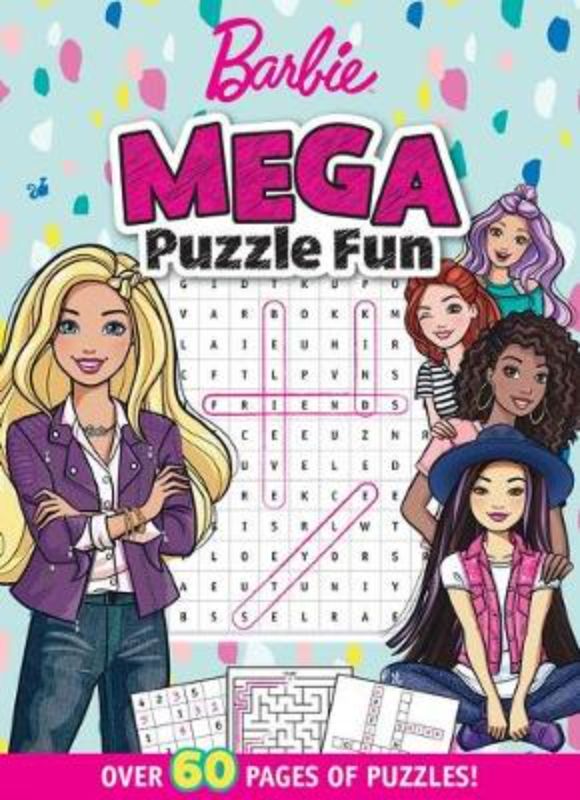 Colorful activity book featuring Barbie with 64 pages of puzzles, including mazes and crosswords for creative fun.