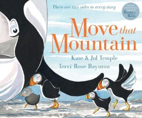 Illustrated hardback children's book "Move That Mountain", showcasing teamwork as tiny puffins help a stranded whale.