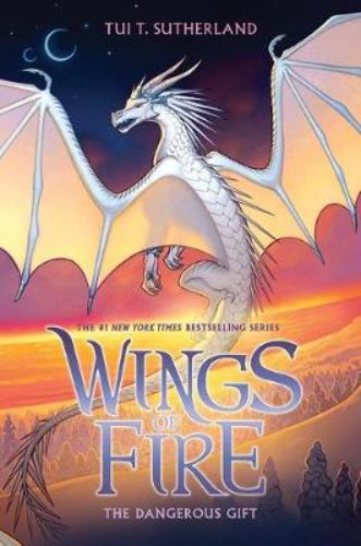 Cover of "Wings of Fire #14: Dangerous Gift" featuring young queen Snowfall amidst a dramatic backdrop of ice and dragons.