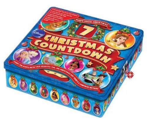 Disney Christmas Countdown Tin with interactive dial, magical surprise, Santa postcard, stickers, and 128-page treasury book.
