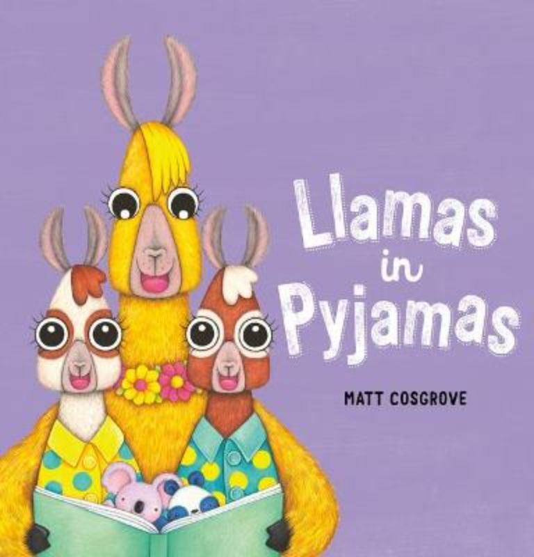 Hardcover picture book "Llamas in Pyjamas" features Dharma the Llama's babysitting adventures with two lively llamas.