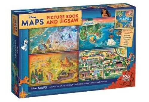 Colorful illustrated maps from Disney and Pixar films, paired with a jigsaw puzzle for interactive fun and learning.
