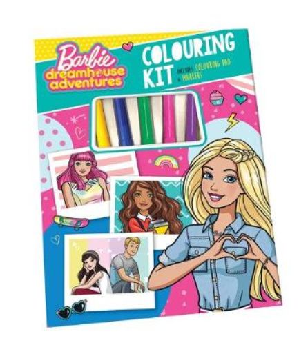 Colouring kit with 24 pages of Barbie adventures, 5 vibrant markers, perfect for creative play on the go.