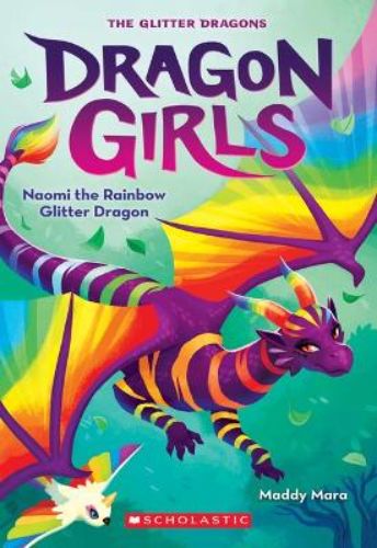 Illustration of Naomi the Rainbow Glitter Dragon in a vibrant, magical landscape, showcasing her colorful scales and bravery.