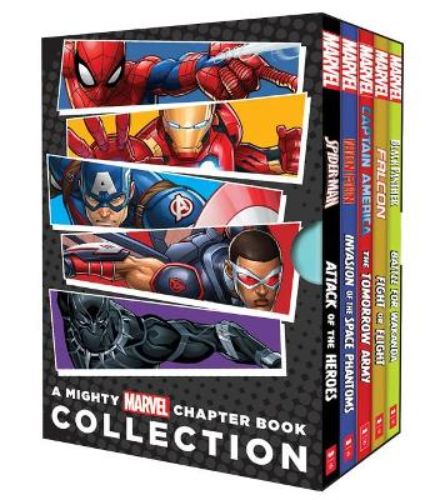 Colorful box set of Mighty Marvel Chapter Books featuring Spider-Man, Captain America, and Black Panther for young readers.