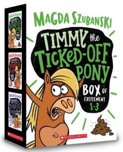 Timmy the Ticked-off Pony Box of Excitement features three humorous books for kids, showcasing Timmy's adventurous antics.
