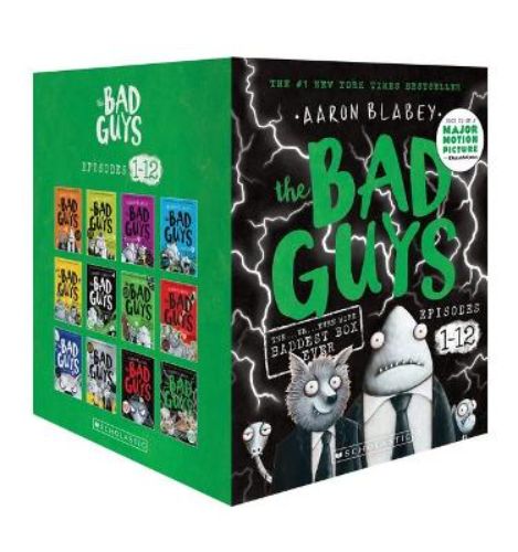 Colorful boxed set of The Bad Guys series by Aaron Blabey, featuring 12 funny adventure stories for kids.