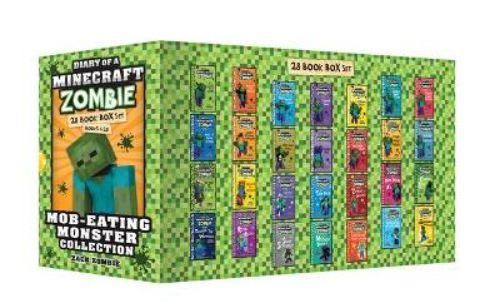 Colorful paperback collection showcasing Zack Zombie's humorous adventures in Minecraft, perfect for kids aged 7-12.