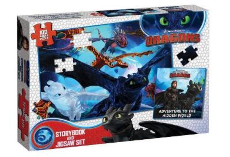 Dragons storybook and jigsaw set featuring Hiccup, Toothless, and vibrant dragon artwork for creative learning fun.