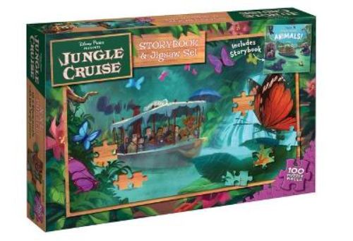 Colorful Jungle Cruise storybook and extra-large jigsaw puzzle set for fun-filled adventures and learning about wildlife.