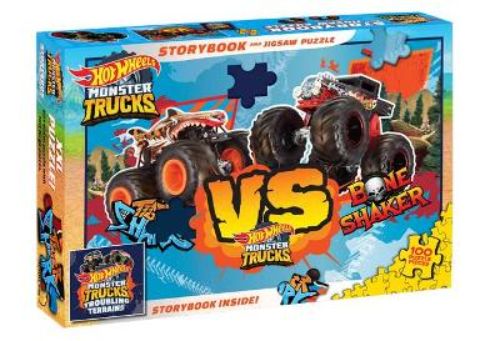 Hot Wheels Monster Trucks storybook and jigsaw puzzle set, featuring colorful illustrations and engaging adventures for kids.