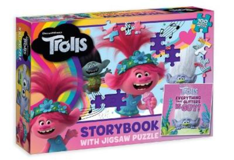 "Trolls Storybook and Jigsaw Set featuring Poppy, Branch, and Guy Diamond with 24 pages and a colorful 100-piece puzzle."