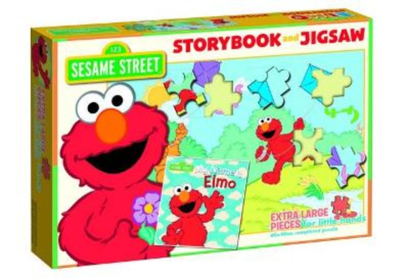 Colorful Sesame Street storybook and 50-piece jigsaw puzzle featuring Elmo, designed for preschoolers' learning and play.
