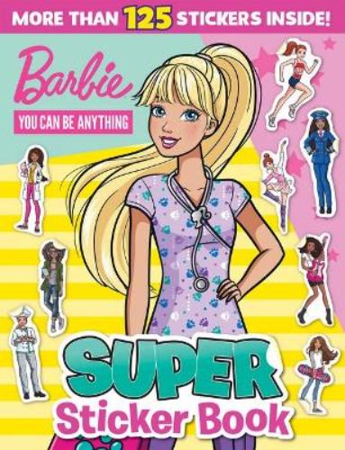Interactive sticker book featuring Barbie, with over 100 stickers and fun activities inspiring kids to dream big.