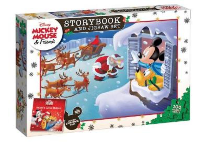 Mickey Mouse & Friends Storybook and Jigsaw Set featuring a festive adventure and a 100-piece puzzle for interactive play.